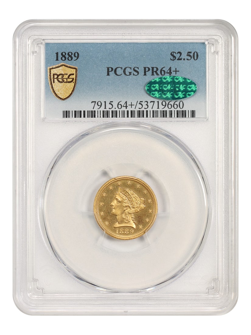1889 Liberty Head Quarter Eagle $2.50 PCGS CAC PR64+: 1889 Liberty Head Quarter Eagle $2.50 PCGS CAC PR64+ 1889 Liberty Head $2.50 proof gold coin certified by PCGS and approved by CAC. This uncirculated example is a scarce, low-mintage proof issue, with