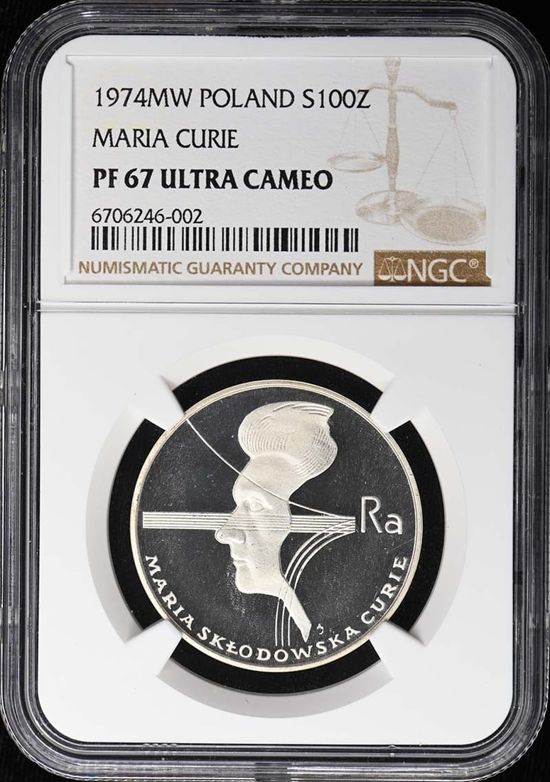 Poland 1974 100Z Maria Curie Coin NGC PR67DCAM: Poland 1974 100Z Maria Curie Coin NGC PR67DCAM 1974 Poland 100 zlotych coin featuring Maria Curie. This pre-owned coin is certified by NGC and graded PR67, with an uncirculated designation. Specificat
