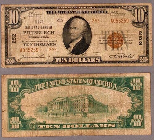 1929 Type 2 $10 National Bank Note First NB Pittsburgh PA Ch 252 (1 of 1)