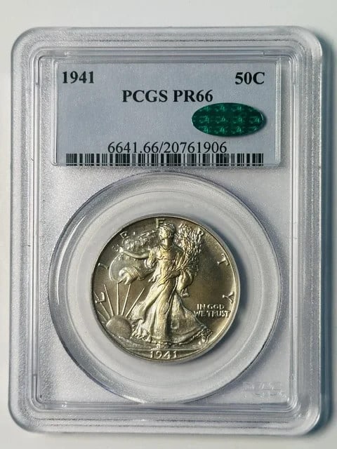 1941 Philadelphia Walking Liberty Half Dollar Proof PR66 PCGS CAC: 1941 Philadelphia Walking Liberty Half Dollar Proof PR66 PCGS CAC Pre-owned 1941 Walking Liberty Half Dollar proof coin certified by PCGS and CAC. This silver 50C piece is graded PR 66 and struck at t