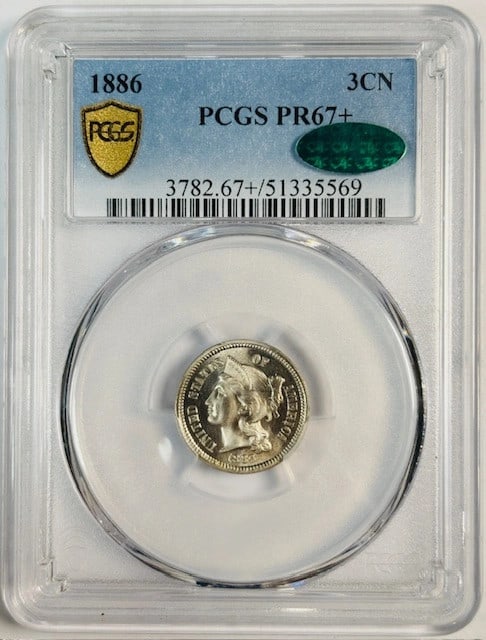 1886 Proof 3CN Nickel PCGS PR67+ CAC Philadelphia: 1886 Proof 3CN Nickel PCGS PR67+ CAC Philadelphia 1886 Three Cent Nickel coin graded PCGS PR-67+ Proof with CAC approval. This pre-owned USA coin was struck in Philadelphia and is identified in the li