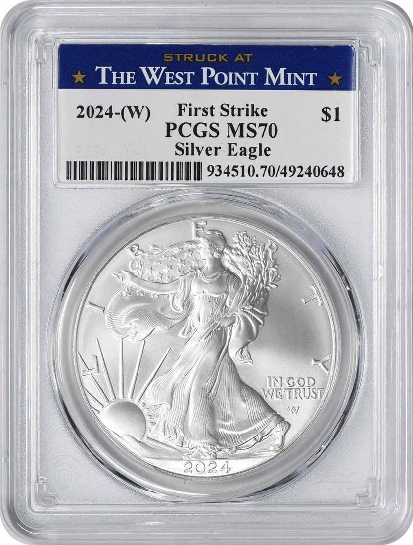 PCGS MS70 First Strike 2024 W American Silver Eagle Dollar: PCGS MS70 First Strike 2024 W American Silver Eagle Dollar 2024-(W) $1 American Silver Eagle certified by PCGS and graded MS70 First Strike. This pre-owned silver bullion coin was struck at West Point