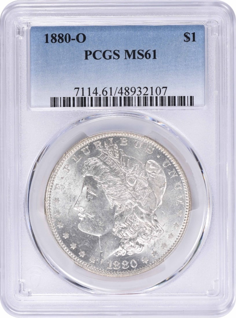 1880-O Morgan Silver Dollar MS61 PCGS Uncirculated Coin: 1880-O Morgan Silver Dollar MS61 PCGS Uncirculated Coin This 1880-O Morgan Silver Dollar is a stunning piece, certified by PCGS with a grade of MS61. Struck in 90% silver and 10% copper at the New Orl