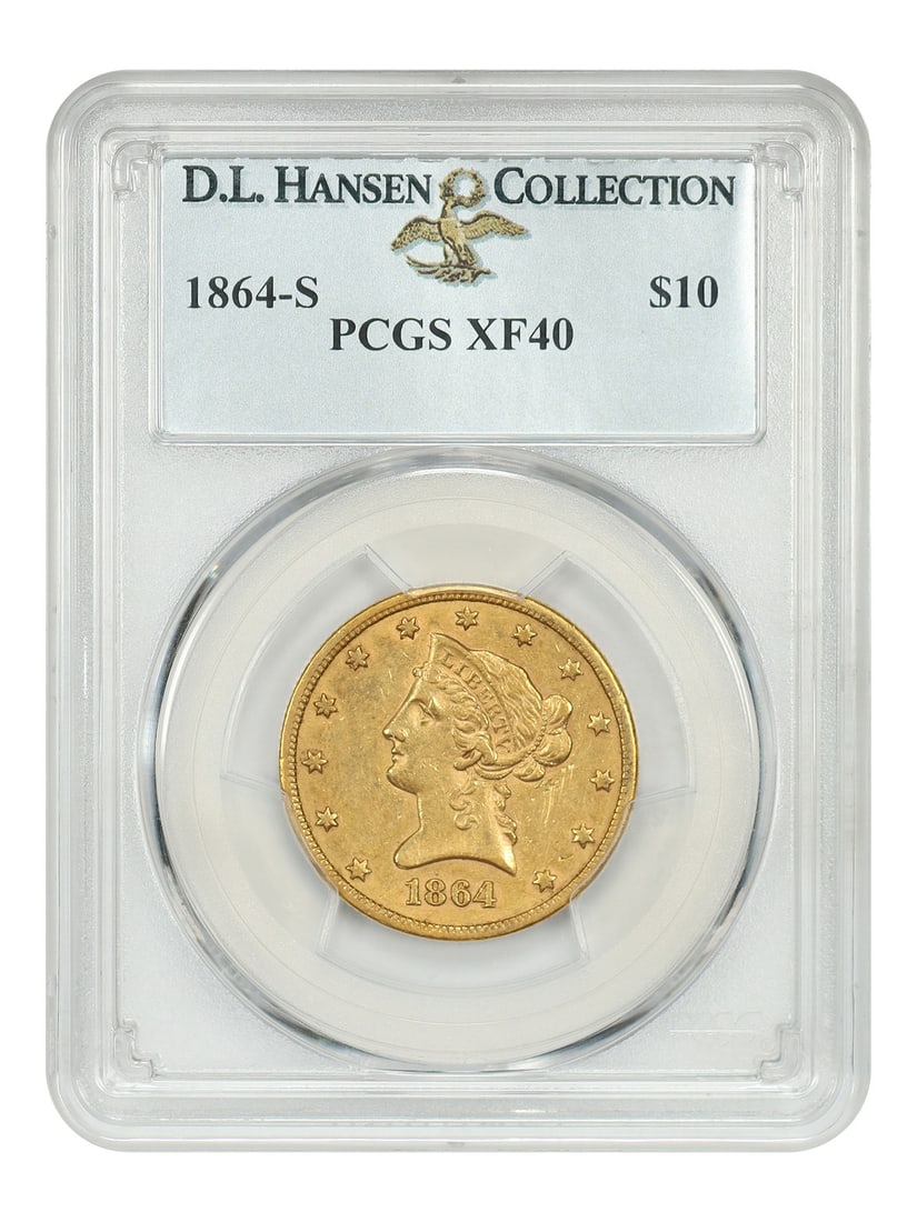 1864-S Liberty Head $10 Coin PCGS XF40 Spectacular Rarity: 1864-S Liberty Head $10 Coin PCGS XF40 Spectacular Rarity This 1864-S Liberty Head $10 gold coin is a spectacular rarity, certified by PCGS with a grade of XF40. With a mintage of only 2,500, it is on