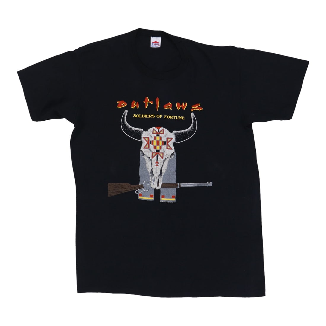 Vintage 1986 Soldiers Of Fortune Outlaws Black Cotton T Shirt: Vintage 1986 Soldiers Of Fortune Outlaws Black Cotton T Shirt This is an original vintage 1986 Outlaws Soldiers Of Fortune shirt. It features front graphics only, with no back graphics, and is made fr