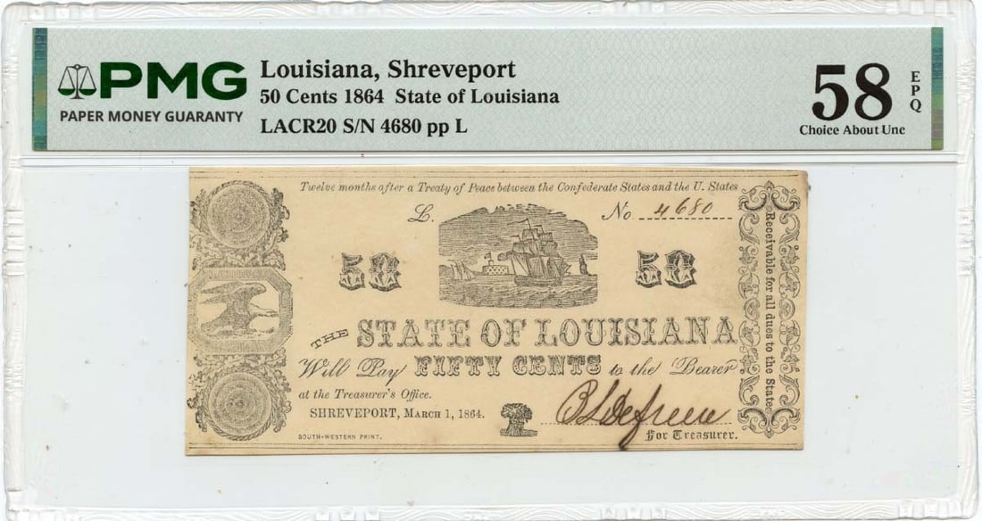 PMG AU58 EPQ 1864 Louisiana State of Louisiana 50 Cent Obsolete Note (1 of 2)