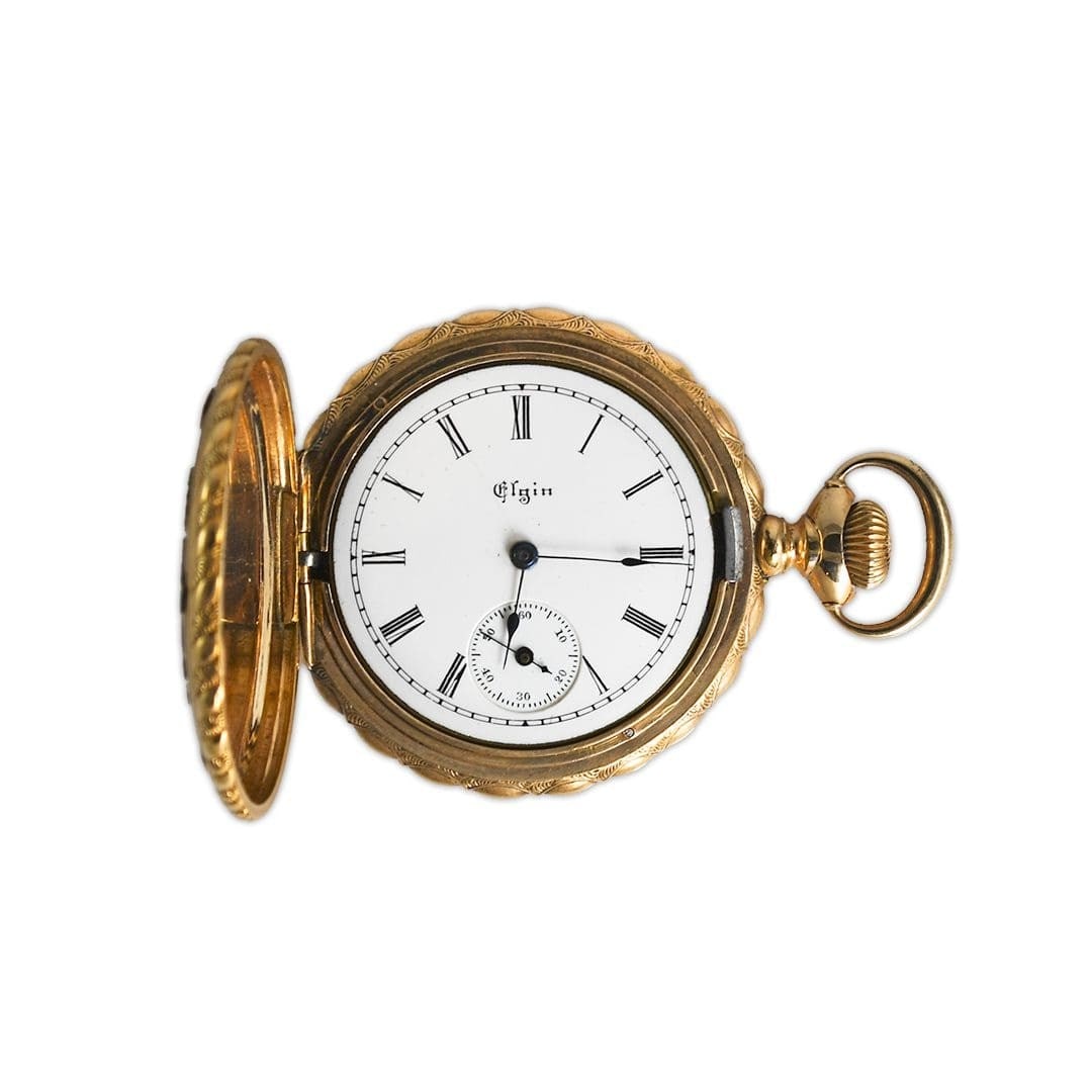 Elgin 14k Multi Tone Gold Double Hunter Pocket Watch: Elgin 14k Multi Tone Gold Double Hunter Pocket Watch This Elgin antique pocket watch features a double hunter case crafted from multi-tone 14k gold, stamped accordingly. The watch has a mechanical han
