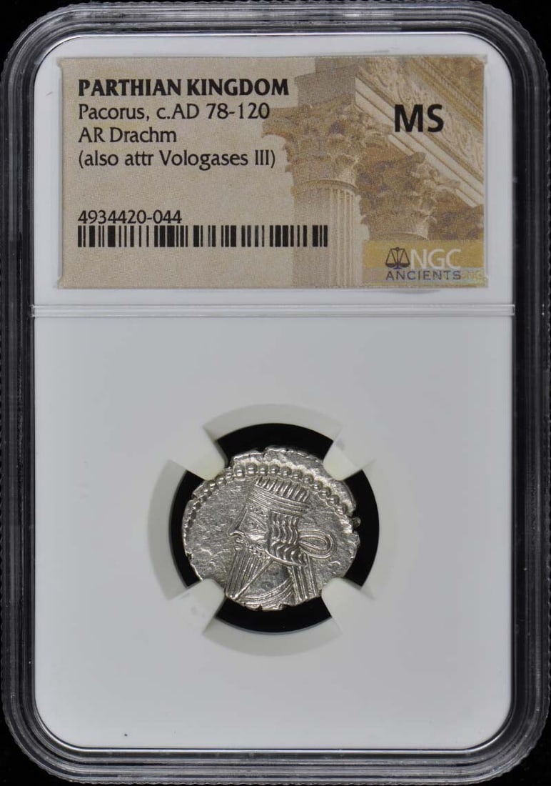 Pacorus AR Drachm AD 78-120 NGC MS60 Coin Certified: Pacorus AR Drachm AD 78-120 NGC MS60 Coin Certified This is a silver drachm from the Parthian Kingdom, issued during the reign of King Pacorus around AD 78-120. The coin has been certified by NGC with