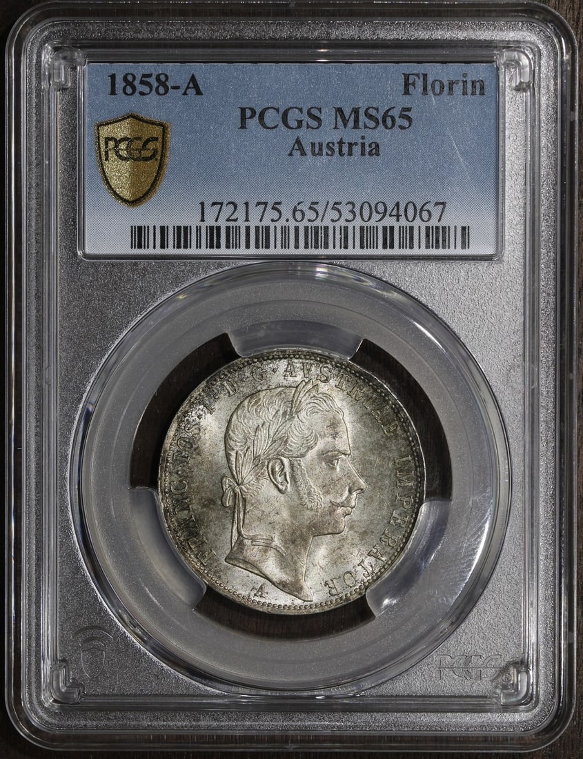 1858 A Austria Silver Florin PCGS MS65 Gem: 1858 A Austria Silver Florin PCGS MS65 Gem This 1858-A Austria Franz Joseph Silver Florin is graded MS65 by PCGS, indicating a high-quality, uncirculated coin. Struck in 1858, it is composed of 0.9 fi