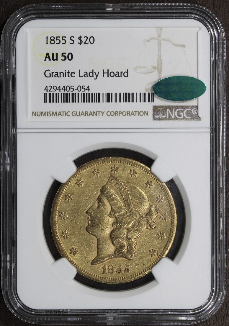 1855 San Francisco $20 Liberty Gold AU50 NGC CAC Granite Lady Hoard: 1855 San Francisco $20 Liberty Gold AU50 NGC CAC Granite Lady Hoard This 1855-S Liberty Head Gold Double Eagle is a $20 coin from the Granite Lady Hoard. Certified by NGC and CAC, it features a finene