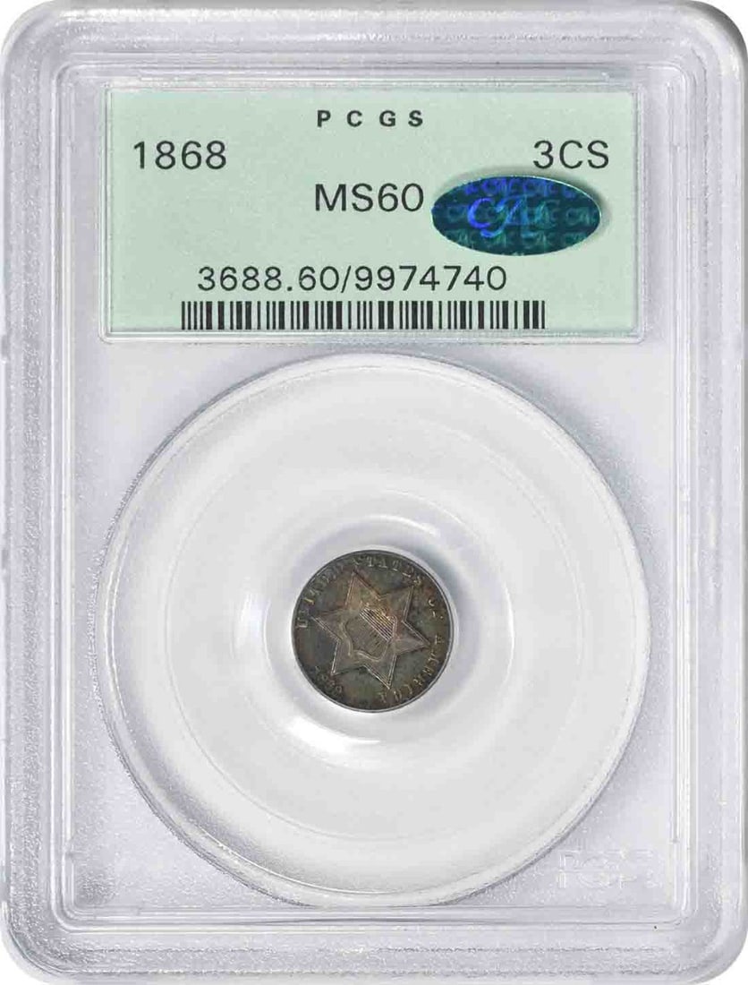 PCGS MS60 1868 Silver Three Cent Coin CAC OGH: PCGS MS60 1868 Silver Three Cent Coin CAC OGH This 1868 Three Cent silver coin is graded MS60 by PCGS and comes in an old green holder (OGH) with CAC approval. The coin is uncirculated and has no mint