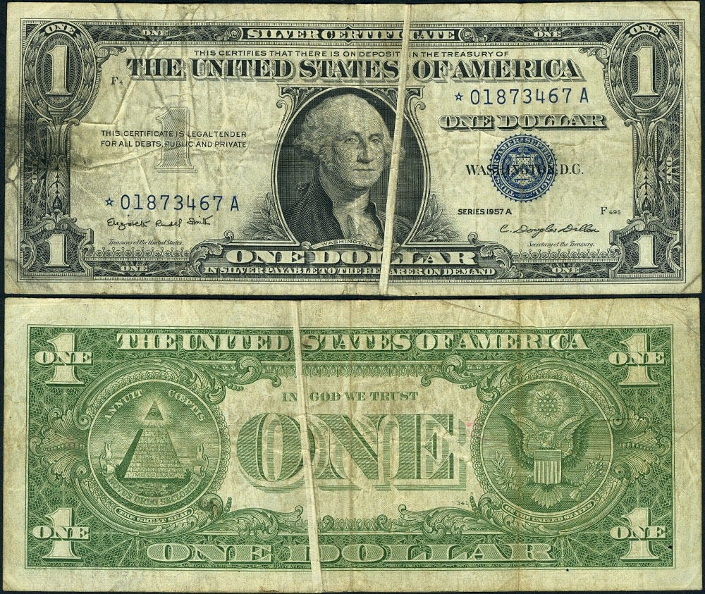1957-A $1 Silver Certificate Star Note Fr 1620 Vertical Gutterfold Error VF: 1957-A $1 Silver Certificate Star Note Fr 1620 Vertical Gutterfold Error VF This is a 1957-A $1 Silver Certificate Star note with a vertical gutterfold error affecting the 1st and 2nd star notes. It i