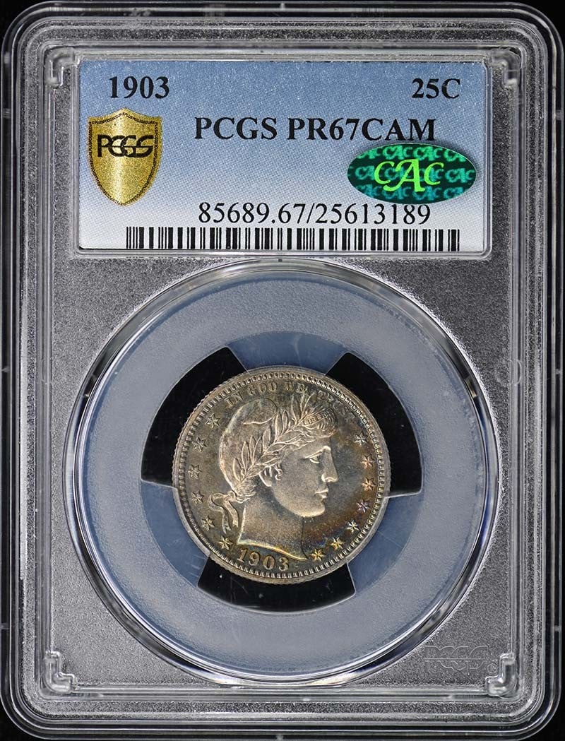 1903 Barber Quarter PCGS PR67CAM CAC: 1903 Barber Quarter PCGS PR67CAM CAC This 1903 Barber Quarter is a proof strike graded PR67CAM by PCGS and features the CAC designation. Minted in Philadelphia, this coin is uncirculated and represent