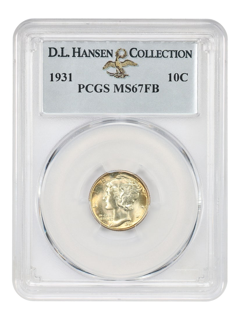 1931 Mercury Dime 10C PCGS MS67FB Philadelphia ex D.L. Hansen: 1931 Mercury Dime 10C PCGS MS67FB Philadelphia ex D.L. Hansen 1931 Mercury Dime certified by PCGS as MS67FB. This uncirculated example is noted as very tough in high grade full bands, with only three 