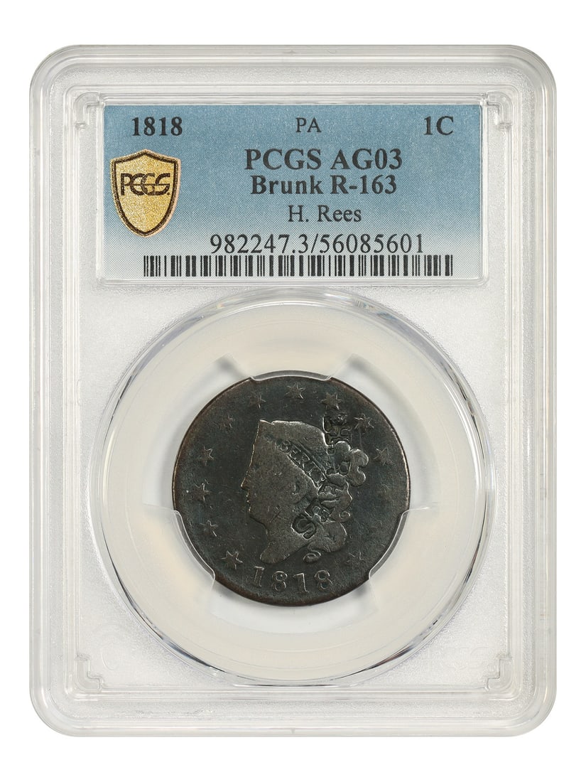 1818 Coronet Head Large Cent PCGS AG03 H Rees Counterstamp Brunk R-163 (1 of 5)