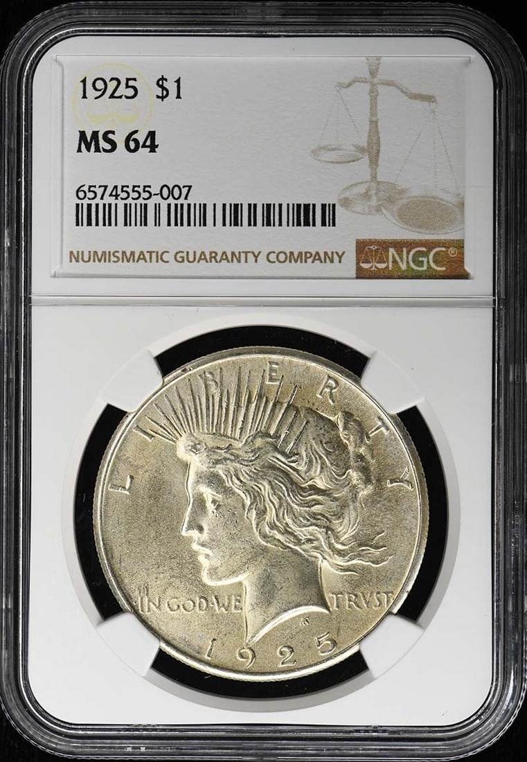 NGC MS64 1925 United States Peace Dollar S$1: NGC MS64 1925 United States Peace Dollar S$1 1925 Peace Dollar certified by NGC and graded MS64. This pre-owned coin is an uncirculated example of the United States Peace Dollar denomination. Specific
