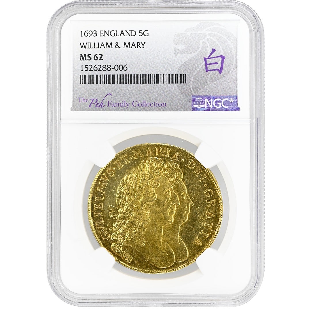 NGC MS62 1693 Gold 5 Guineas William and Mary: NGC MS62 1693 Gold 5 Guineas William and Mary This is a 1693 5 Guineas gold coin from Great Britain, featuring William and Mary. The coin is graded MS 62 by NGC and remains in uncirculated condition. 