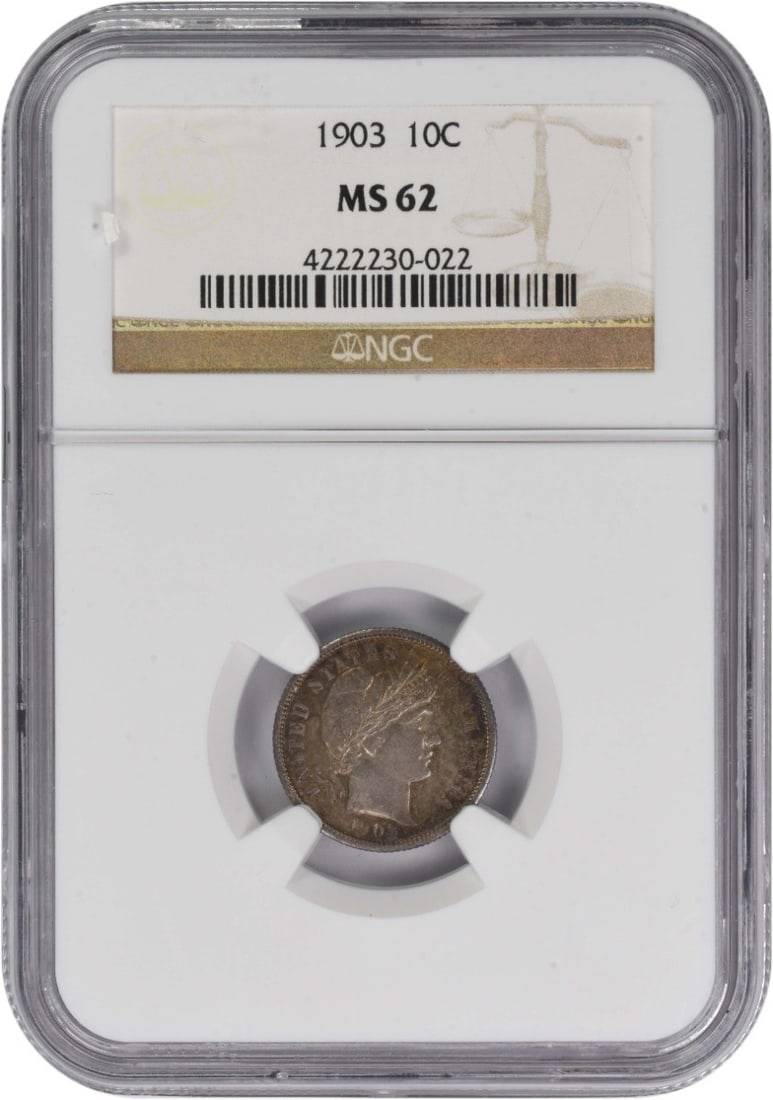 NGC MS62 1903 Barber 10C Silver Dime: NGC MS62 1903 Barber 10C Silver Dime This is a 1903 Barber Silver Dime graded MS62 by NGC. The coin is uncirculated and features a silver composition. It is a 10-cent denomination from the United Stat