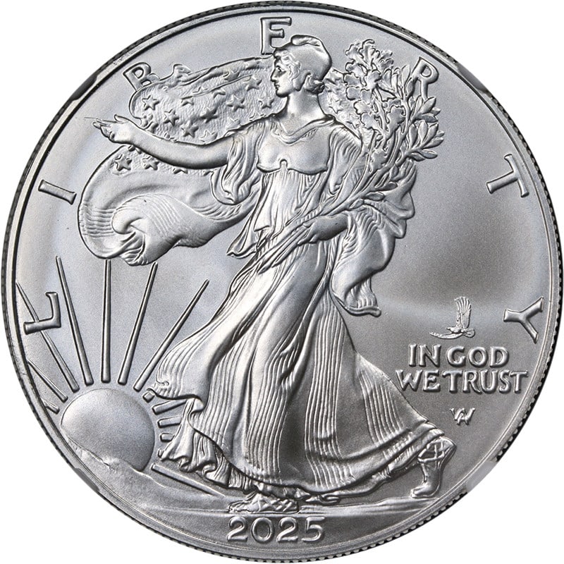 2025 Silver American Eagle $1 NGC MS70 1st Eagle Privy 8th Era: 2025 Silver American Eagle $1 NGC MS70 1st Eagle Privy 8th Era This 2025 (P) Silver American Eagle $1 coin is certified by NGC with a perfect grade of MS70, making it an exceptional collectible. It fe