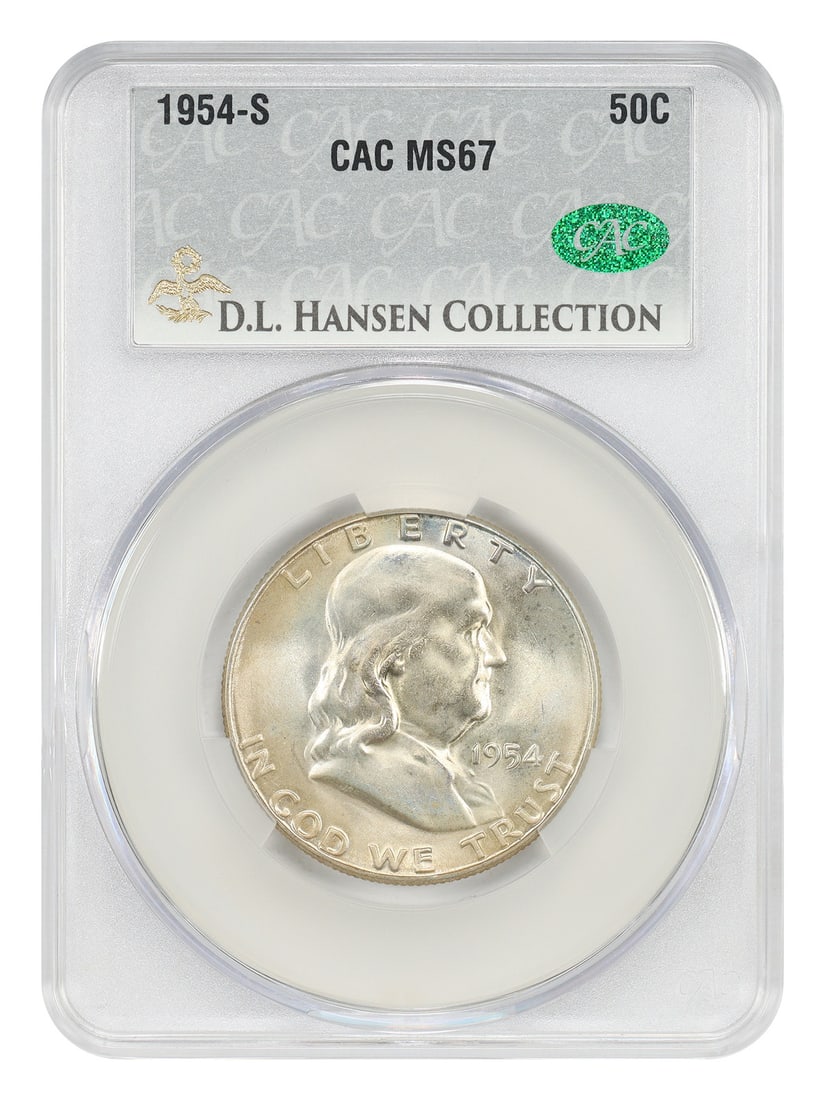 CACG MS67 1954-S Franklin Half Dollar ex D.L. Hansen: CACG MS67 1954-S Franklin Half Dollar ex D.L. Hansen 1954-S Franklin Half Dollar certified by CACG as MS67 and pedigreed ex: D.L. Hansen. This uncirculated coin features gentle toning with a champagne