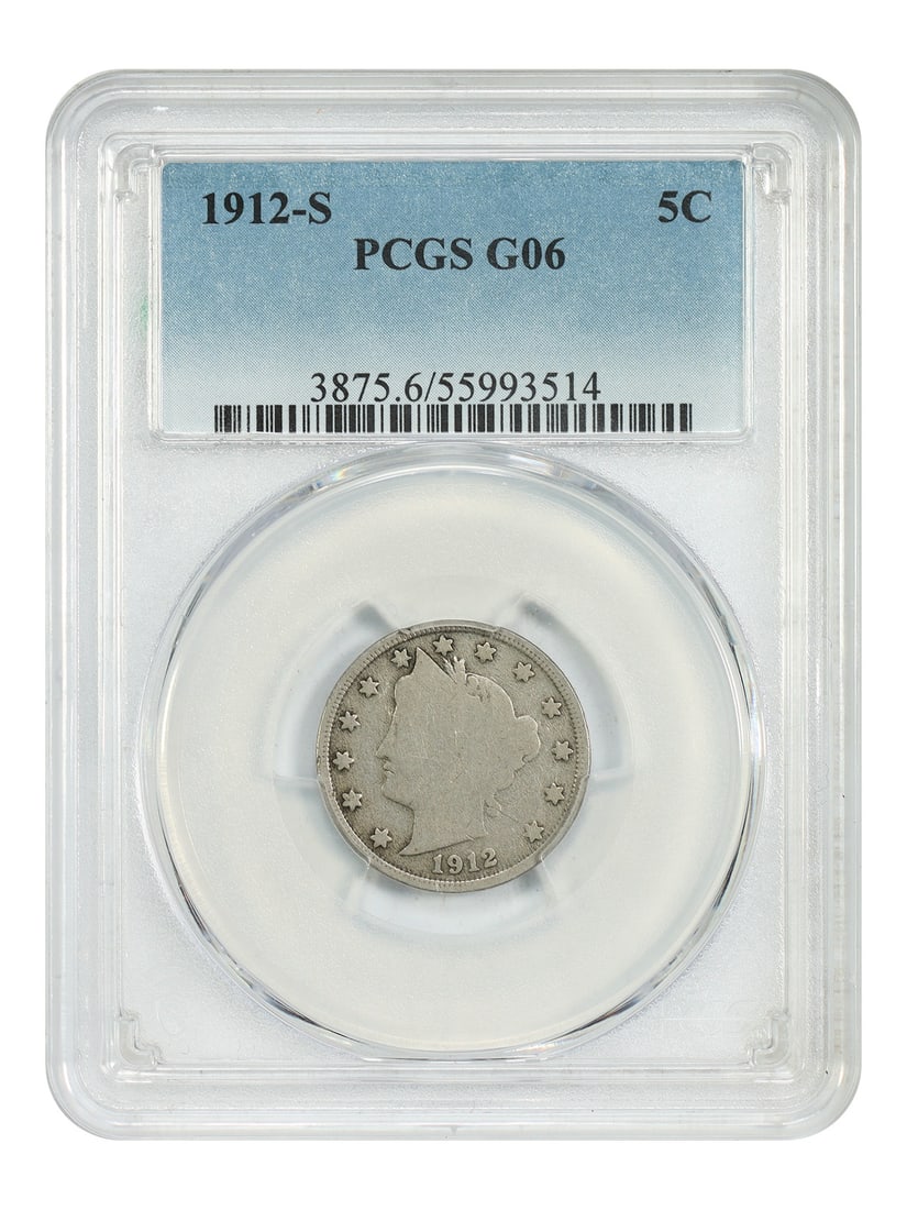 PCGS Good 06 1912 S Liberty Head 5C Low Mintage: PCGS Good 06 1912 S Liberty Head 5C Low Mintage Certified 1912 Liberty Nickel graded PCGS Good 06. This circulated, pre-owned example is a low mintage issue from the San Francisco Mint. Specifications
