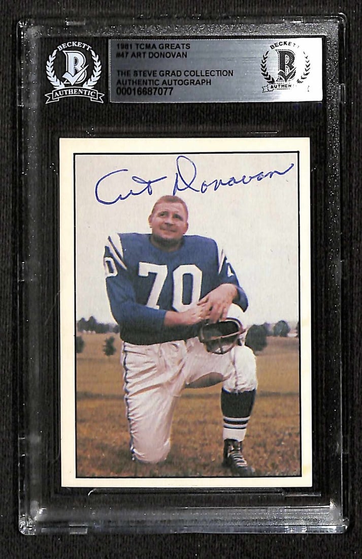 1981 TCMA Football Greats #47 Art Donovan Signed Card Beckett Authenticated: 1981 TCMA Football Greats #47 Art Donovan Signed Card Beckett Authenticated This is a signed 1981 TCMA Football Greats #47 trading card featuring Art Donovan, a former Baltimore Colt and NFL Hall of F