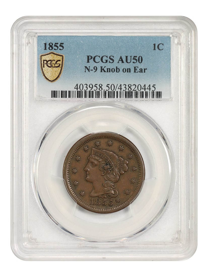 Braided Hair Cent 1855 1C PCGS AU50 N-9 Knob on Ear (1 of 5)