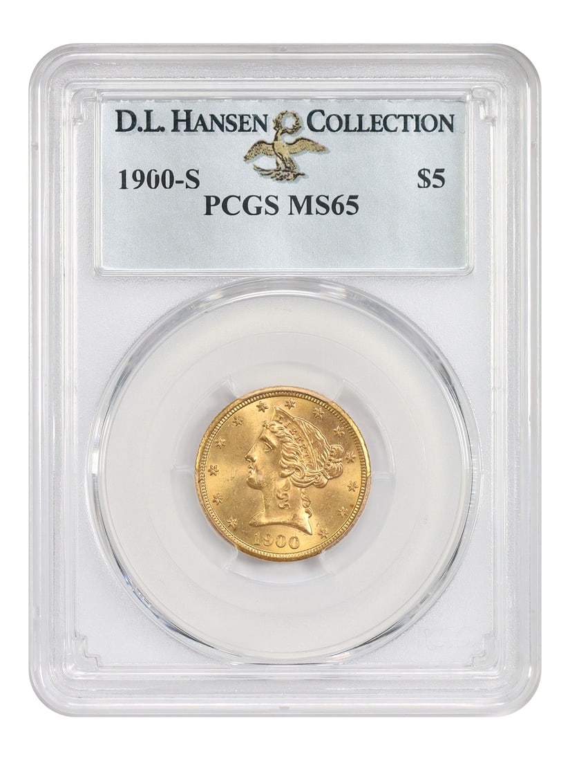 PCGS MS65 1900-S Liberty Head $5 Gold Coin: PCGS MS65 1900-S Liberty Head $5 Gold Coin 1900-S Liberty Head $5 gold coin certified by PCGS as MS65, ex: D.L. Hansen. This better date San Francisco issue is described as very tough in Gem condition