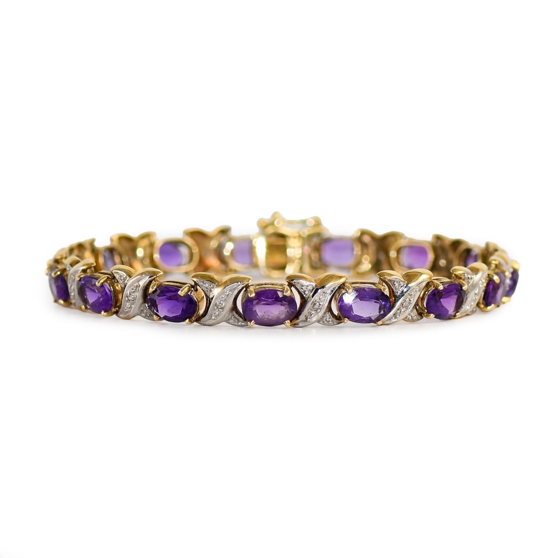 Unbranded 14k White Gold Bangle Bracelet with Amethyst and Diamond 7in: Unbranded 14k White Gold Bangle Bracelet with Amethyst and Diamond 7in Pre-owned 14k white gold bangle bracelet featuring natural oval amethysts accented by nine round diamonds in a woven pattern. The