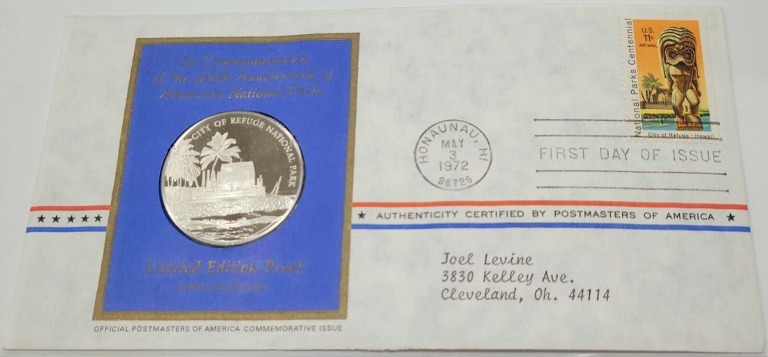 First Day Cover 1972 City of Refuge Silver Proof Medal and 11c Stamp: First Day Cover 1972 City of Refuge Silver Proof Medal and 11c Stamp This 1972 City of Refuge National Park Silver Proof Medal with Stamp is a commemorative First Day of Issue card postmarked May 3, 1