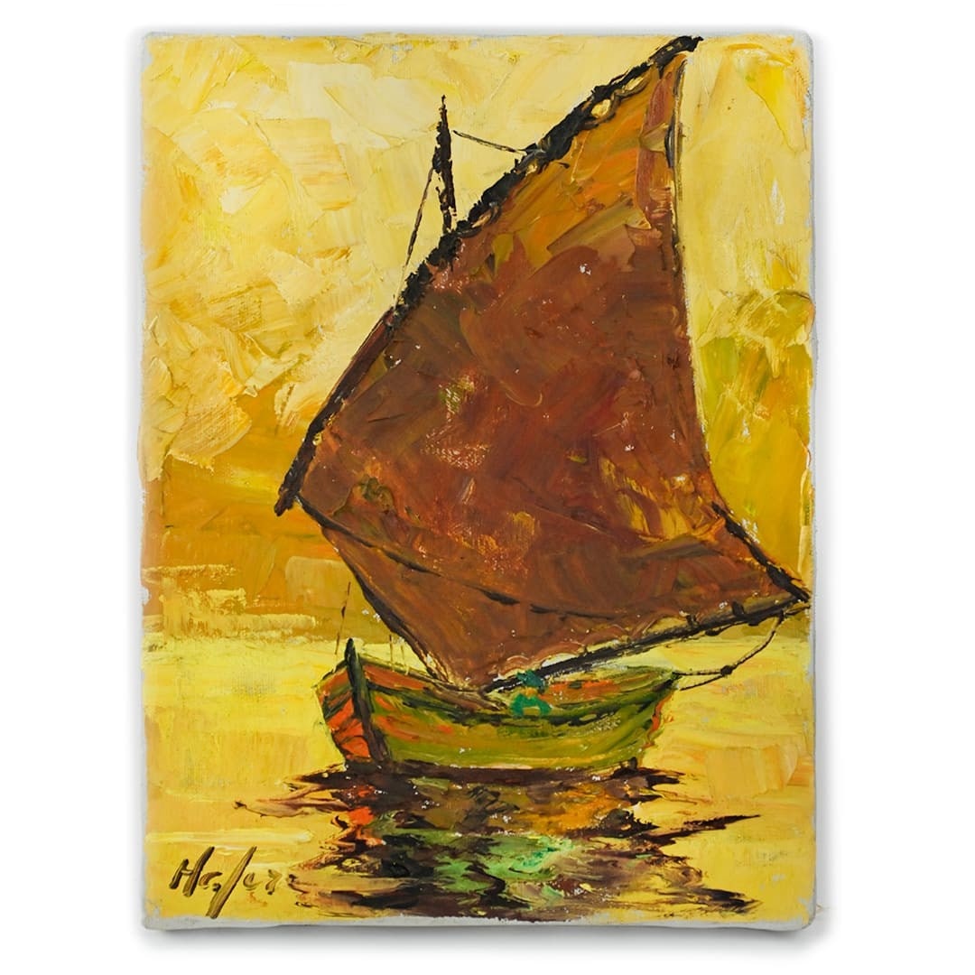 Signed Helen Hafer nautical oil painting on unframed canvas: Signed Helen Hafer nautical oil painting on unframed canvas This is an original oil painting titled "Sail Coat" by California artist Helen Hafer. Presented on unframed canvas, the artwork features a n