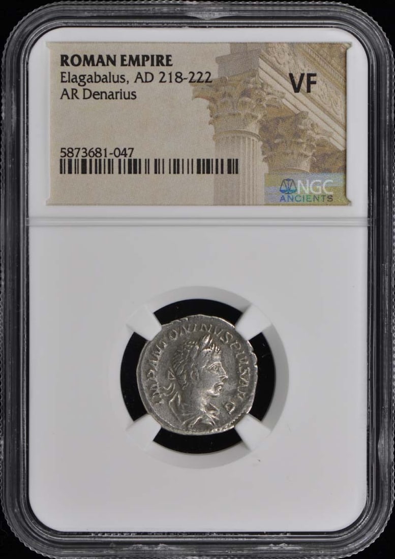 Elagabalus AD 218-222 Ancient Roman AR Denarius NGC VF20: Elagabalus AD 218-222 Ancient Roman AR Denarius NGC VF20 This Ancient Roman denarius features the likeness of Elagabalus, who ruled from AD 218-222. The coin is certified by NGC and graded VF20, indic