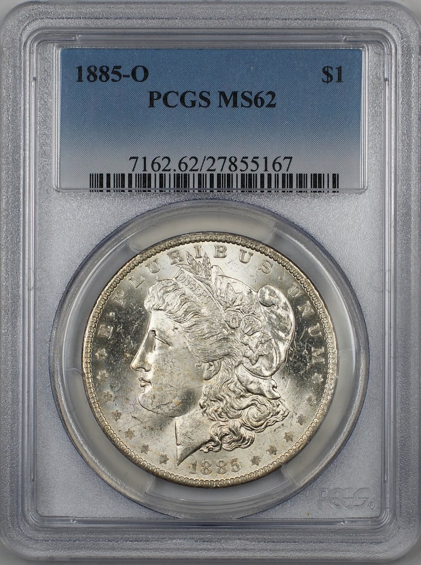 PCGS MS-62 1885-O Morgan Silver Dollar Uncirculated New Orleans Mint: PCGS MS-62 1885-O Morgan Silver Dollar Uncirculated New Orleans Mint This 1885-O Morgan Silver Dollar is certified by PCGS with a grade of MS-62. Minted in New Orleans, it is composed of silver and re