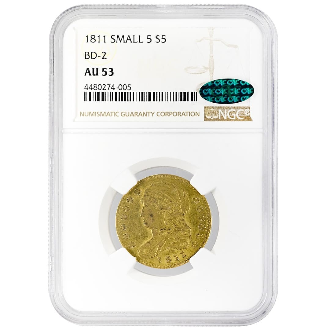 NGC AU53 1811 United States $5 Capped Bust Half Eagle: NGC AU53 1811 United States $5 Capped Bust Half Eagle 1811 $5 Capped Bust Half Eagle coin graded NGC AU53. This pre-owned United States gold coin is identified as a BD-2 Small 5 Type 1 Capped Bust, La