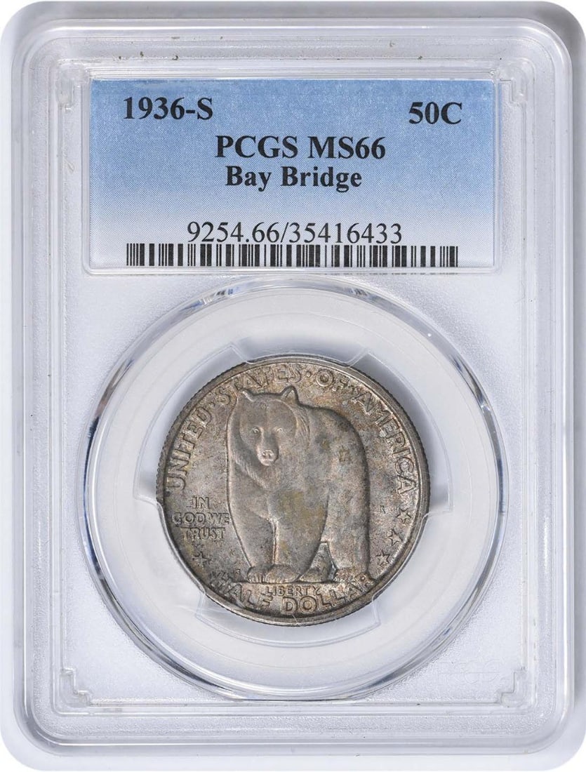 1936-S Bay Bridge Commemorative Silver Half Dollar MS66 PCGS: 1936-S Bay Bridge Commemorative Silver Half Dollar MS66 PCGS This 1936-S Bay Bridge Commemorative Silver Half Dollar is a stunning piece for any collector. Graded MS66 by PCGS, this uncirculated coin 