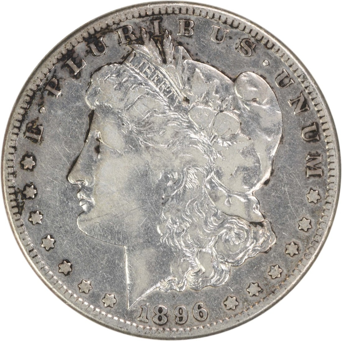 1896 San Francisco Morgan Dollar VF Grade Uncertified 90% Silver Coin: 1896 San Francisco Morgan Dollar VF Grade Uncertified 90% Silver Coin This 1896-S Morgan Silver Dollar is a circulated coin from the United States, minted in San Francisco. Composed of 90% silver and 