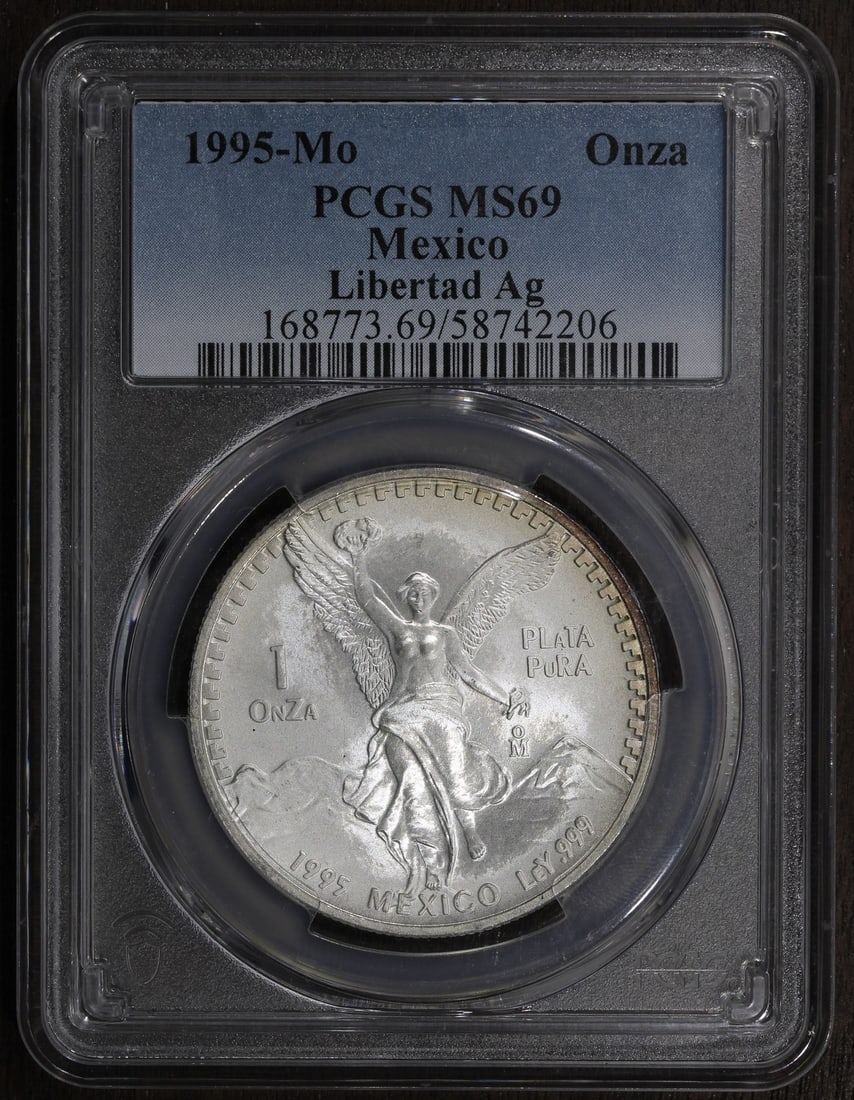 PCGS MS69 1995-Mo Mexico 1 oz Silver Libertad Onza Coin: PCGS MS69 1995-Mo Mexico 1 oz Silver Libertad Onza Coin 1995-Mo Mexico 1 oz Silver Libertad Onza certified by PCGS and graded MS69. This pre-owned bullion coin is struck in .999 fine silver and contai