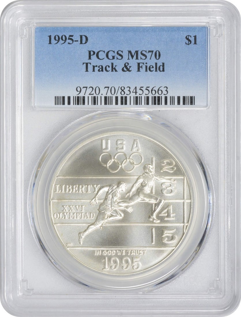 1995-D Olympic Silver Commemorative Dollar MS70 PCGS 90% Silver: 1995-D Olympic Silver Commemorative Dollar MS70 PCGS 90% Silver Celebrate the spirit of athletic achievement with this 1995-D Track & Field Olympic Silver Commemorative Dollar. Graded MS70 by PCGS, th