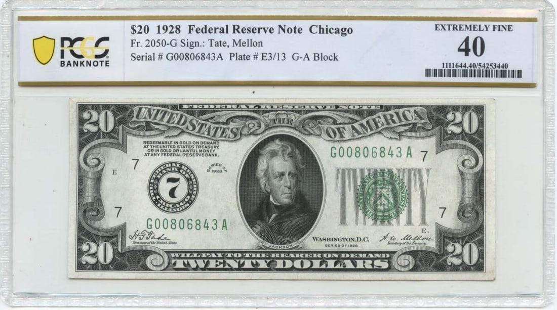 PCGS XF40 Chicago 1928 $20 Federal Reserve Note FR#2050-G (1 of 2)