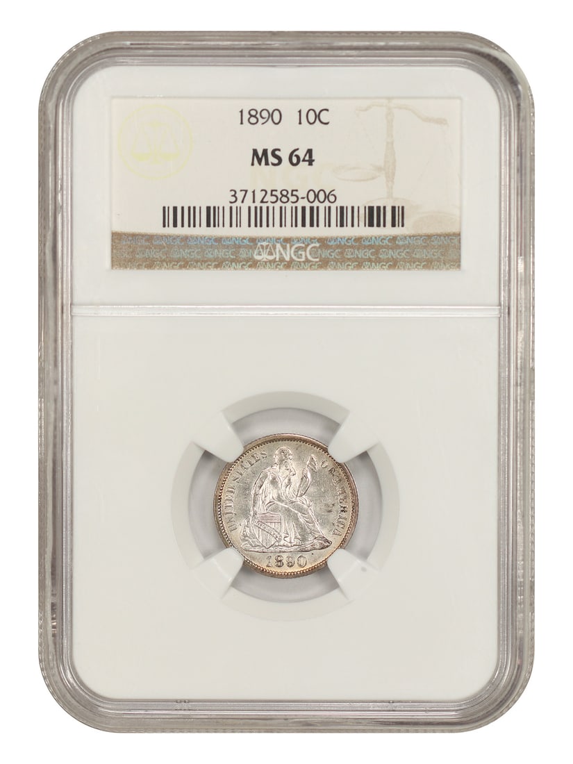 NGC MS64 1890 Liberty Seated 10C Dime: NGC MS64 1890 Liberty Seated 10C Dime 1890 Liberty Seated Dime certified by NGC in MS64 condition. This uncirculated 10C coin is a pre-owned example from the Philadelphia Mint. Specifications Denomina