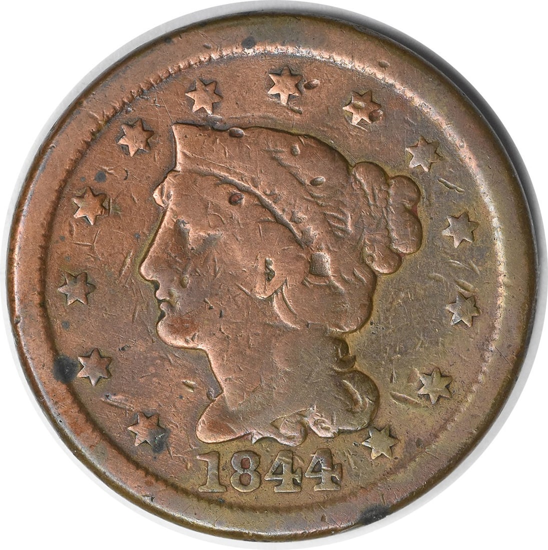 1844 Large Cent Braided Hair Copper Coin Uncertified: 1844 Large Cent Braided Hair Copper Coin Uncertified This 1844 Large Cent, featuring the Braided Hair design by Christian Gobrecht, is a notable piece for collectors. Struck at the Philadelphia Mint, 