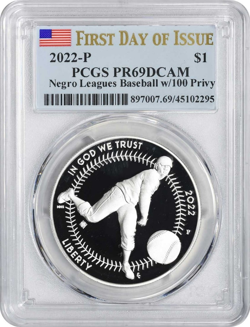 PCGS PR69DCAM 2022-P Negro Leagues Baseball Proof Silver Dollar 100 Privy: PCGS PR69DCAM 2022-P Negro Leagues Baseball Proof Silver Dollar 100 Privy This 2022-P Negro Leagues Baseball silver dollar is a proof commemorative coin graded PR69DCAM by PCGS. It is a Philadelphia-m