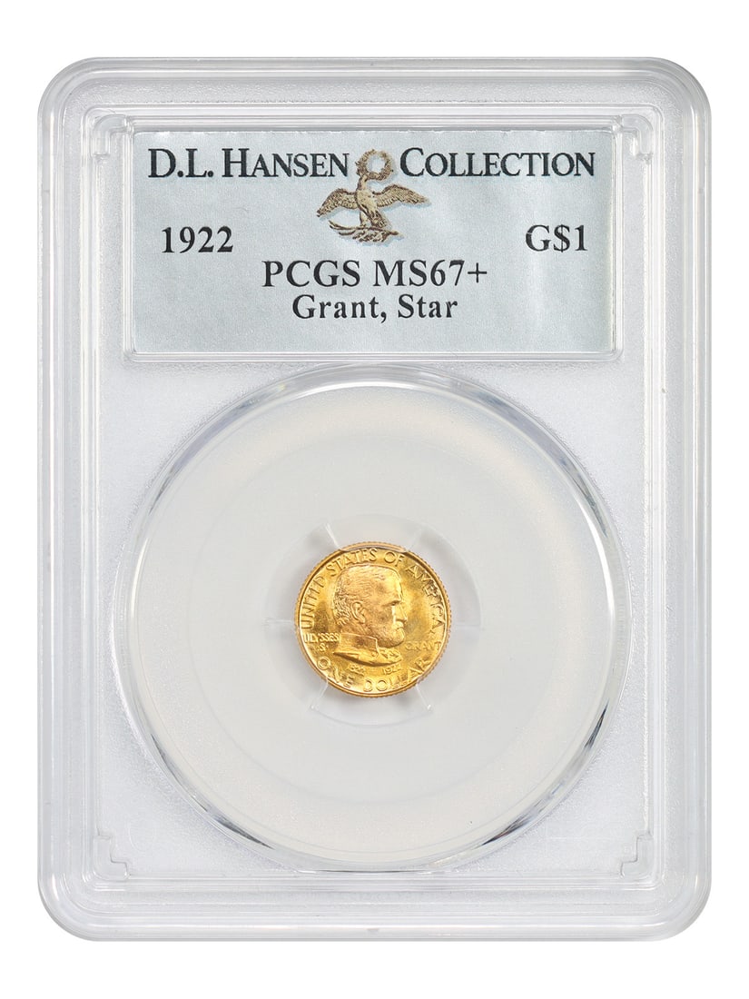 PCGS MS67+ 1922 Grant Star G$1 Gold Commemorative ex D.L. Hansen: PCGS MS67+ 1922 Grant Star G$1 Gold Commemorative ex D.L. Hansen 1922 Grant Star gold commemorative dollar certified by PCGS as MS67+ and pedigreed ex: D.L. Hansen. This uncirculated Classic Gold Comm