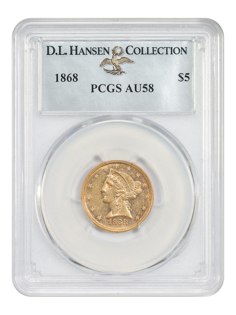 PCGS AU58 1868 Liberty Head $5 Gold Coin Philadelphia Mint: PCGS AU58 1868 Liberty Head $5 Gold Coin Philadelphia Mint 1868 Liberty Head $5 gold coin certified by PCGS as AU58. This circulated Philadelphia half eagle is an ex: D.L. Hansen example and a very sc