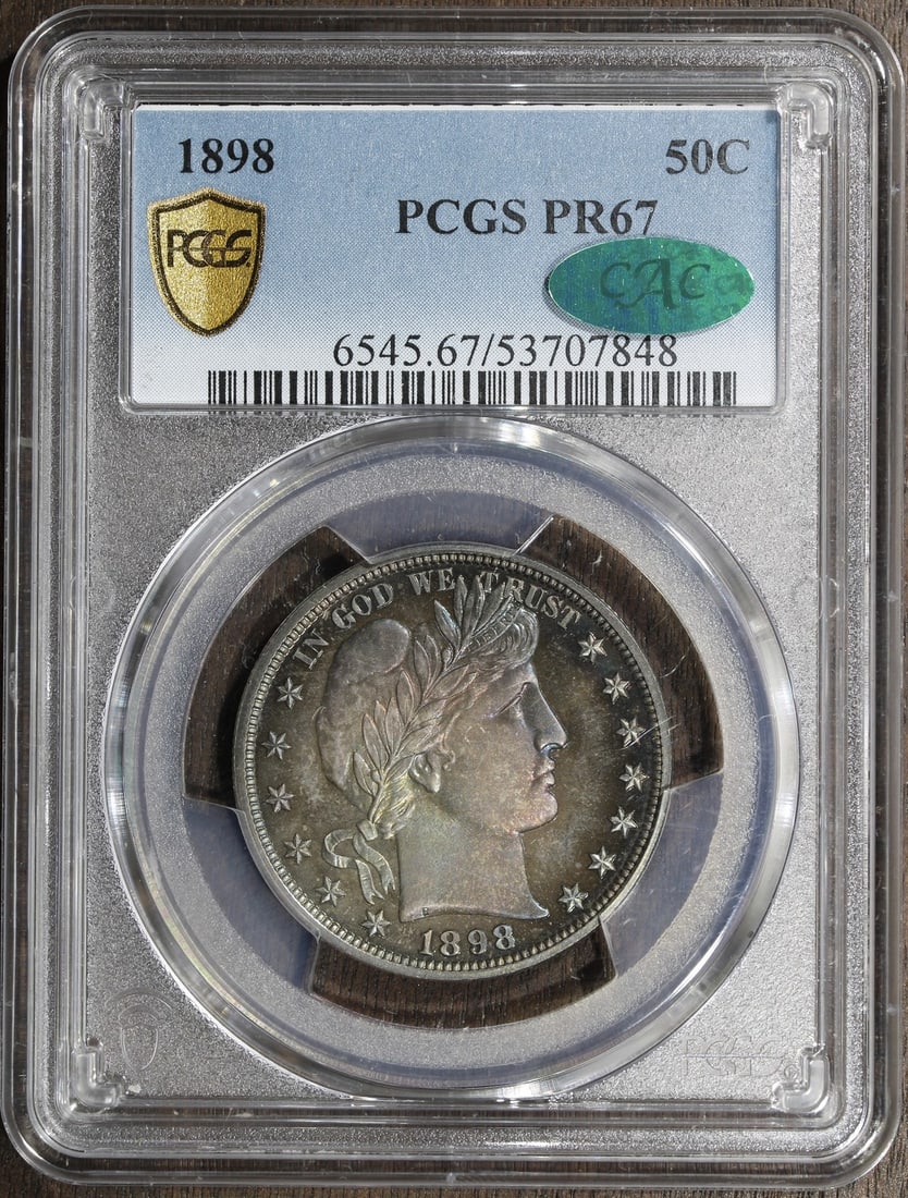 1898 Barber Half Dollar Proof PCGS PR67 CAC Silver 50C: 1898 Barber Half Dollar Proof PCGS PR67 CAC Silver 50C This 1898 Barber Half Dollar is a proof strike graded PR67 by PCGS and verified by CAC. Featuring a colorful appearance, this uncirculated coin i