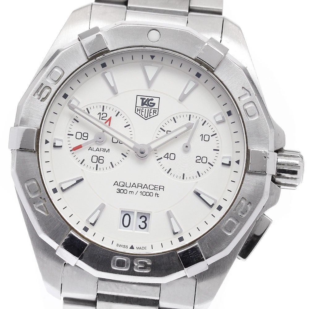 TAG Heuer Aquaracer Quartz Alarm Stainless Steel Men's Watch WAY111Y: TAG Heuer Aquaracer Quartz Alarm Stainless Steel Men's Watch WAY111Y This TAG Heuer Aquaracer WAY111Y is a men's wristwatch featuring a stainless steel case and band with a silver dial. The watch is p