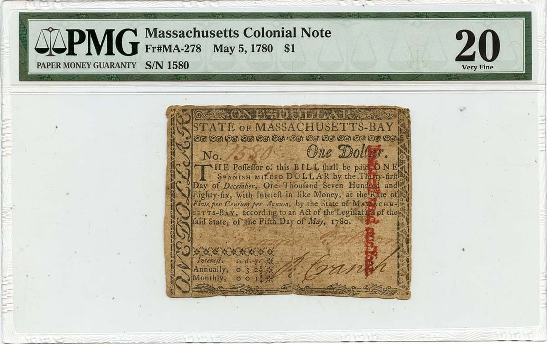 Massachusetts Colonial $1 Note dated 1780-05-05 PMG VF20 Fr MA-278: Massachusetts Colonial $1 Note dated 1780-05-05 PMG VF20 Fr MA-278 1780 Massachusetts Colonial $1 note dated May 5, offered in pre-owned condition. This example is PMG graded VF20 and is noted as unca