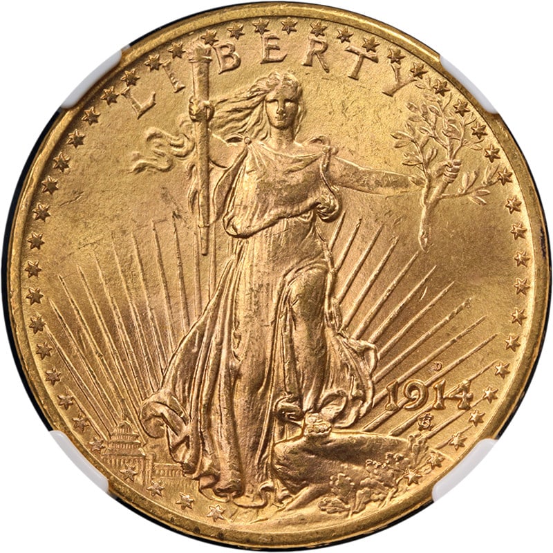 NGC MS65 1914-D Saint-Gaudens $20 Gold Coin: NGC MS65 1914-D Saint-Gaudens $20 Gold Coin This 1914-D Saint-Gaudens Gold $20 coin is certified by NGC with a grade of MS65. It features strong strike, vibrant luster, and superb color with spot-free