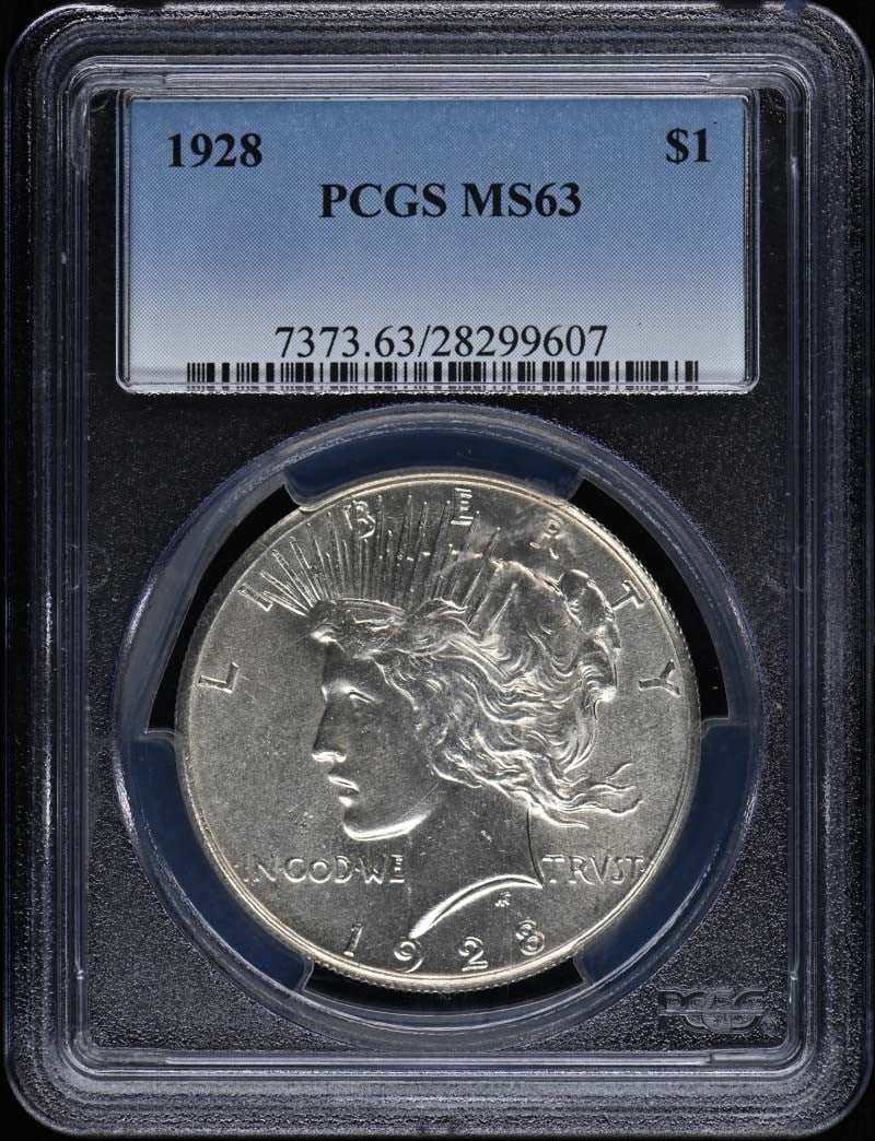 PCGS MS63 1928 United States Peace Dollar $1 Coin: PCGS MS63 1928 United States Peace Dollar $1 Coin 1928 Peace Dollar certified by PCGS and graded MS63. This pre-owned United States silver dollar is an uncirculated example from the Peace Dollar serie