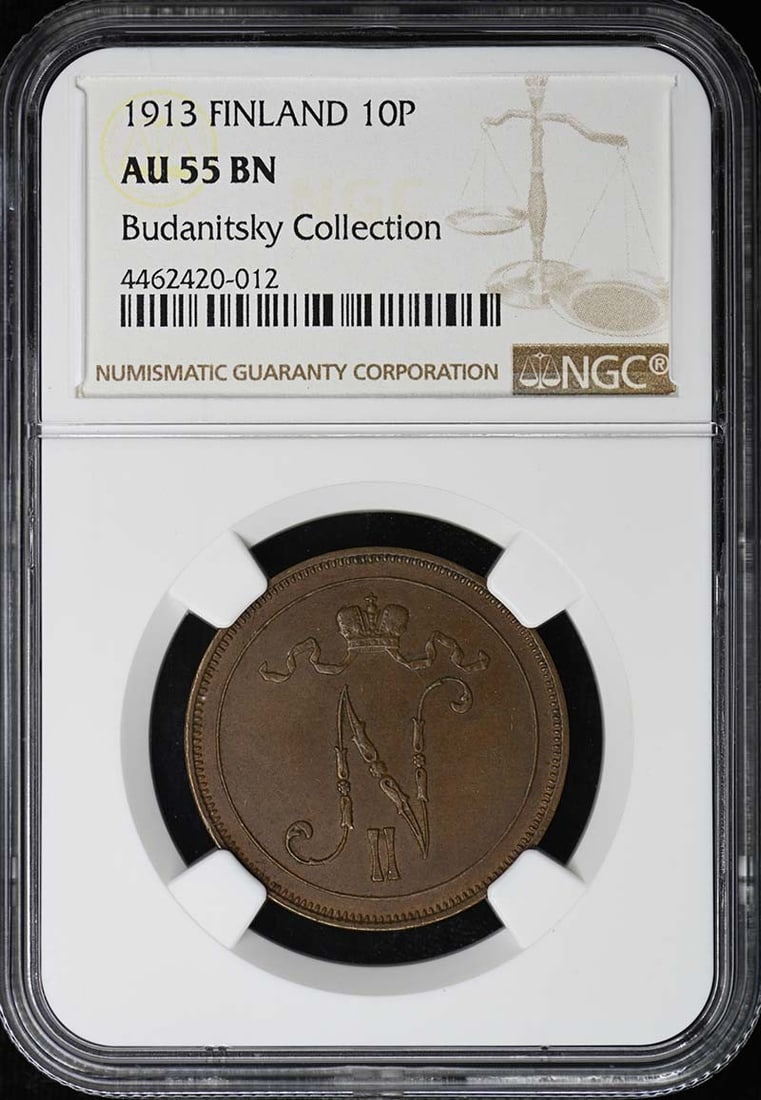 Finland 1913 10 Pennia NGC AU55 Brown Certified Coin: Finland 1913 10 Pennia NGC AU55 Brown Certified Coin This 1913 Finland 10 pennia coin has been graded AU55 by NGC. It is a circulated, pre-owned collectible, certified with number 4462420012. Specific